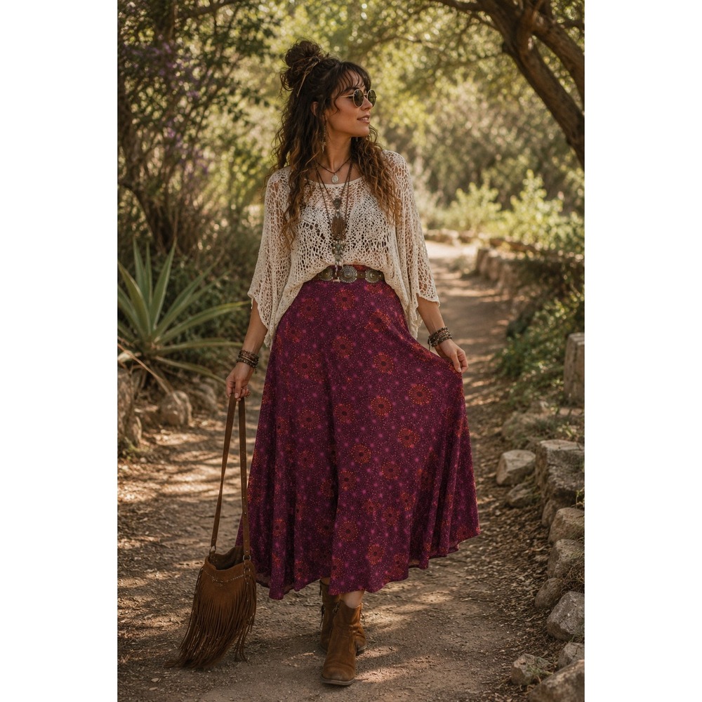 Boho Whimsigoth Purple Orange Starburst‎ Tubedress Knit Fold Over XS Maxi Skirt